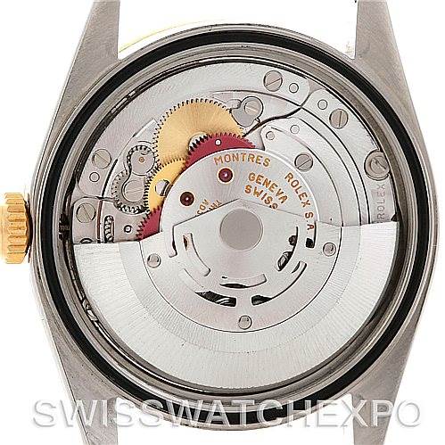 The image shows the back view of the Rolex Datejust 16203 Men
s Steel and Gold (two tone) White Dial 16203 Men
s Steel and Gold (two tone) White Dial, revealing its internal movement and mechanism.