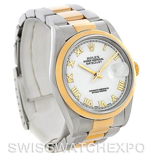 This image shows a Rolex Datejust 16203 Men
s Steel and Gold (two tone) White Dial 16203 Men
s Steel and Gold (two tone) White Dial watch angled to display its face, bezel, crown, and part of its bracelet.