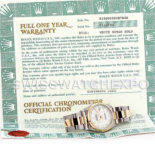 The image shows a Rolex Datejust 16203 Men
s Steel and Gold (two tone) White Dial 16203 Men
s Steel and Gold (two tone) White Dial watch laid flat on a warranty and certification document, highlighting the watch face and bracelet.