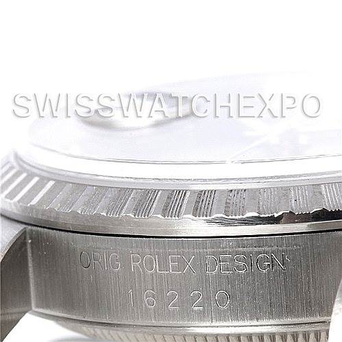 The image shows a side view of the bezel and case of a Rolex Datejust 16220 Men's Stainless Steel Black Dial 16220 Men's Stainless Steel Black Dial model, displaying its engraved design number 16220.