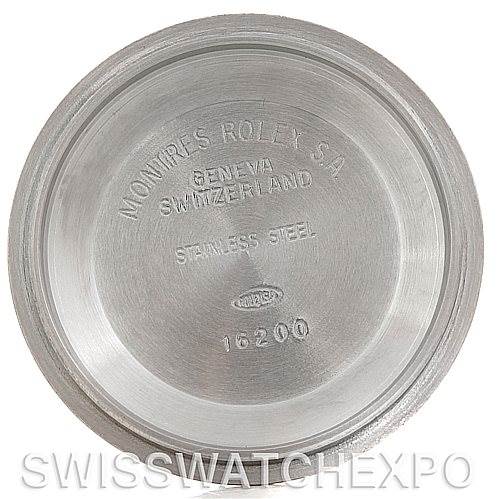 This image shows the case back of a Rolex Datejust 16220 Men's Stainless Steel Black Dial 16220 Men's Stainless Steel Black Dial model, viewed from the inside.