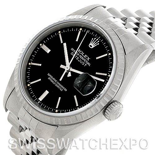 This image shows a Rolex Datejust 16220 Men's Stainless Steel Black Dial 16220 Men's Stainless Steel Black Dial watch at a slight angle, highlighting the face, bezel, crown, and part of the bracelet.