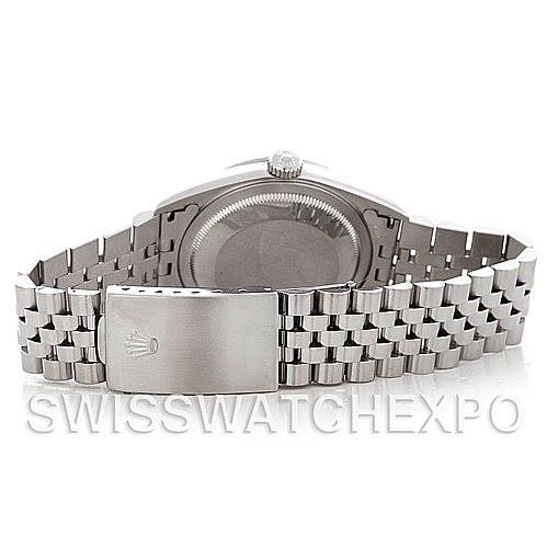 This image shows the back view of a Rolex Datejust 16220 Men's Stainless Steel Black Dial 16220 Men's Stainless Steel Black Dial watch, focusing on the caseback and Jubilee bracelet with clasp.