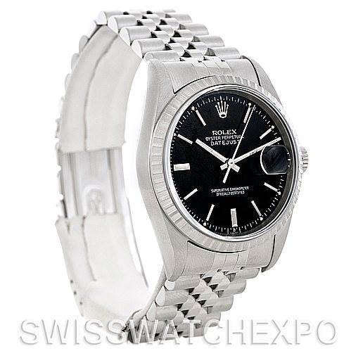 This image shows a Rolex Datejust 16220 Men's Stainless Steel Black Dial 16220 Men's Stainless Steel Black Dial watch angled to display the face, bezel, and part of the bracelet.