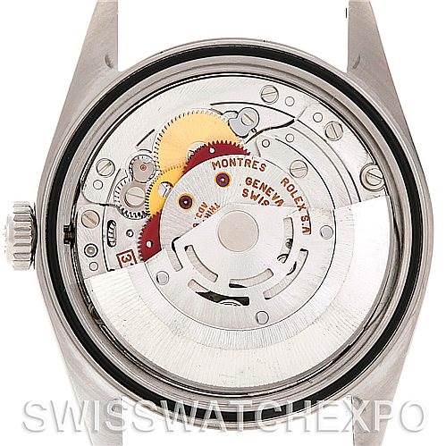 The image shows the internal mechanism of a Rolex Datejust 16220 Men's Stainless Steel Black Dial 16220 Men's Stainless Steel Black Dial watch, viewed from the back with the case back removed.