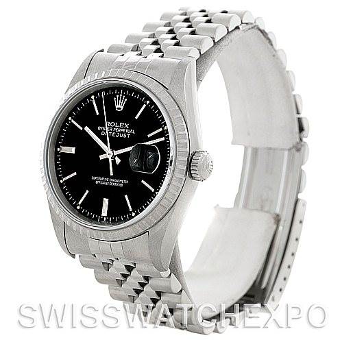 The Rolex Datejust 16220 Men's Stainless Steel Black Dial 16220 Men's Stainless Steel Black Dial model watch is shown at a 3/4 angle, highlighting its black dial, bezel, and jubilee bracelet.