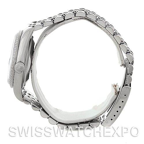 This image shows the side profile and bracelet of a Rolex Datejust 16220 Men's Stainless Steel Black Dial 16220 Men's Stainless Steel Black Dial watch.