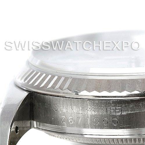 This is a close-up side view of the Rolex Datejust 116234 Men's Stainless Steel Silver Dial 116234 Men's Stainless Steel Silver Dial watch, showing its stainless steel case with model number Z671000.