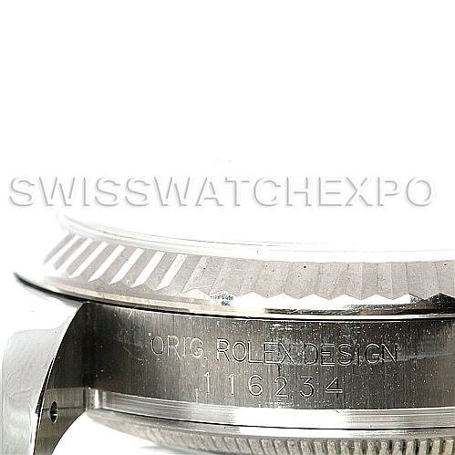 This image shows a side profile of the bezel and case body of a Rolex Datejust 116234 Men's Stainless Steel Silver Dial 116234 Men's Stainless Steel Silver Dial, highlighting the "ORIG. ROLEX DESIGN" engraving.