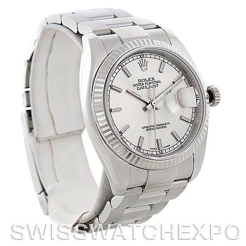 The image shows a side angle of the Rolex Datejust 116234 Men's Stainless Steel Silver Dial 116234 Men's Stainless Steel Silver Dial watch, highlighting its face, bezel, crown, and part of the bracelet.