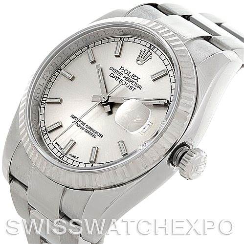 This image shows a Rolex Datejust 116234 Men's Stainless Steel Silver Dial 116234 Men's Stainless Steel Silver Dial watch at an angled view, highlighting the face, bezel, crown, and part of the bracelet.