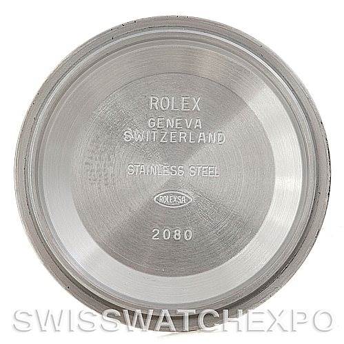 The image shows the inside case back of a Rolex Datejust 116234 Men's Stainless Steel Silver Dial 116234 Men's Stainless Steel Silver Dial watch, engraved with branding and material information.