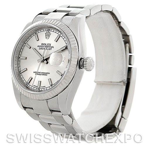 This image shows a side and slightly angled front view of a Rolex Datejust 116234 Men's Stainless Steel Silver Dial 116234 Men's Stainless Steel Silver Dial watch, highlighting its dial, bezel, and bracelet.