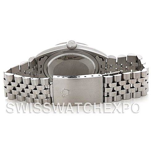 The image shows the back of a Rolex Datejust 16234 Men's Stainless Steel Silver Dial 16234 Men's Stainless Steel Silver Dial watch at an angle, highlighting its clasp and bracelet.