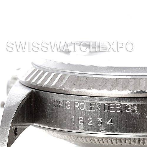 The image shows a side angle of the case of a Rolex Datejust 16234 Men's Stainless Steel Silver Dial 16234 Men's Stainless Steel Silver Dial watch, clearly displaying the Rolex design engraving and case number 16234.