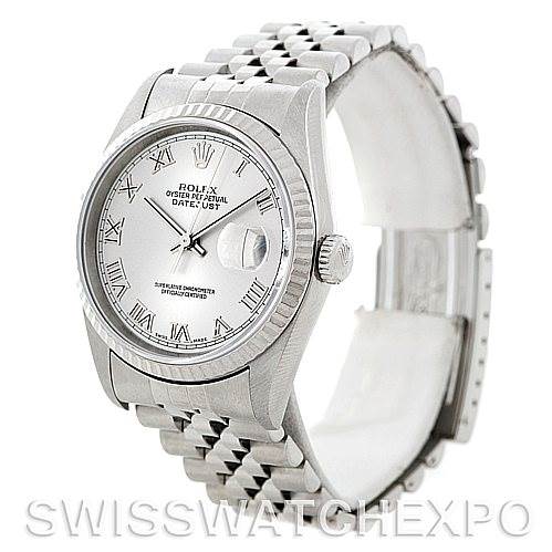 The image shows a Rolex Datejust 16234 Men's Stainless Steel Silver Dial 16234 Men's Stainless Steel Silver Dial watch at a three-quarter angle, highlighting the face, bezel, crown, and bracelet.