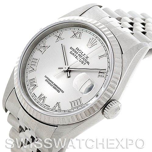 The image shows a Rolex Datejust 16234 Men's Stainless Steel Silver Dial 16234 Men's Stainless Steel Silver Dial watch at an angled view, focusing on the dial, bezel, crown, and bracelet.