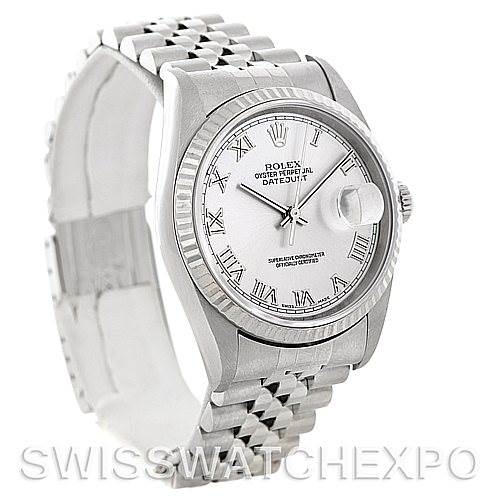 This image shows a Rolex Datejust 16234 Men's Stainless Steel Silver Dial 16234 Men's Stainless Steel Silver Dial watch at an angle, displaying its face, bezel, crown, and bracelet.