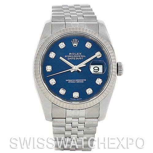 The image shows a Rolex Datejust 116234 Men's Stainless Steel Blue Dial 116234 Men's Stainless Steel Blue Dial watch from a front angle, highlighting its blue dial, date window, and stainless steel bracelet.