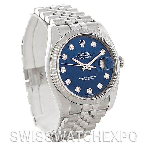 This is a frontal angled view of a Rolex Datejust 116234 Men's Stainless Steel Blue Dial 116234 Men's Stainless Steel Blue Dial watch, showing the dial, bracelet, and crown.