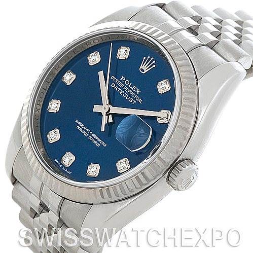 The image shows a Rolex Datejust 116234 Men's Stainless Steel Blue Dial 116234 Men's Stainless Steel Blue Dial watch at a slight side angle, highlighting its blue dial, diamond hour markers, and Jubilee bracelet.