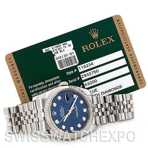 The image shows a Rolex Datejust 116234 Men's Stainless Steel Blue Dial 116234 Men's Stainless Steel Blue Dial watch with a blue dial and diamond hour markers, along with its certification card.