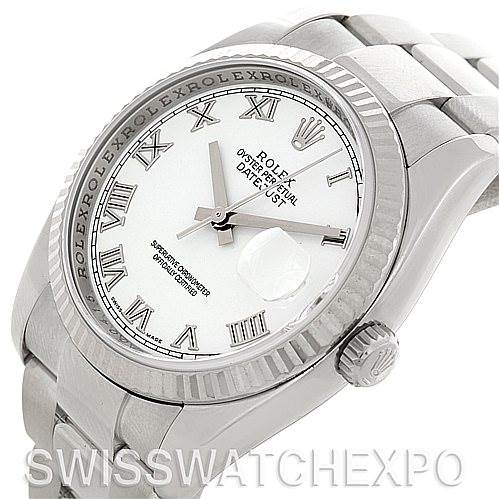 The image shows a close-up angled view of a Rolex Datejust 116234 Men's Stainless Steel White Dial 116234 Men's Stainless Steel White Dial watch, including the dial, bezel, crown, and part of the bracelet.