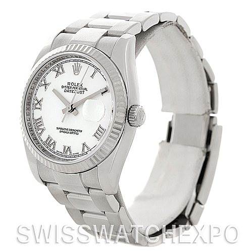 The image shows a front-side angle of a Rolex Datejust 116234 Men's Stainless Steel White Dial 116234 Men's Stainless Steel White Dial watch, displaying the dial, case, crown, and part of the bracelet.