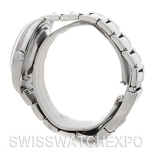 This image shows a side view of a Rolex Datejust 116234 Men's Stainless Steel White Dial 116234 Men's Stainless Steel White Dial watch highlighting its bracelet and case thickness.