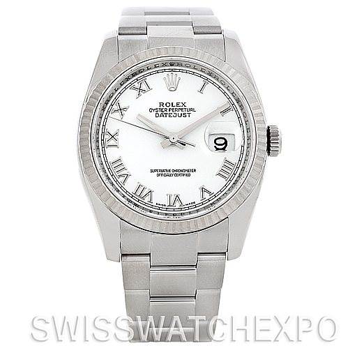 This image shows a front view of a Rolex Datejust 116234 Men's Stainless Steel White Dial 116234 Men's Stainless Steel White Dial watch, displaying its white dial, Roman numeral markers, and stainless steel bracelet.