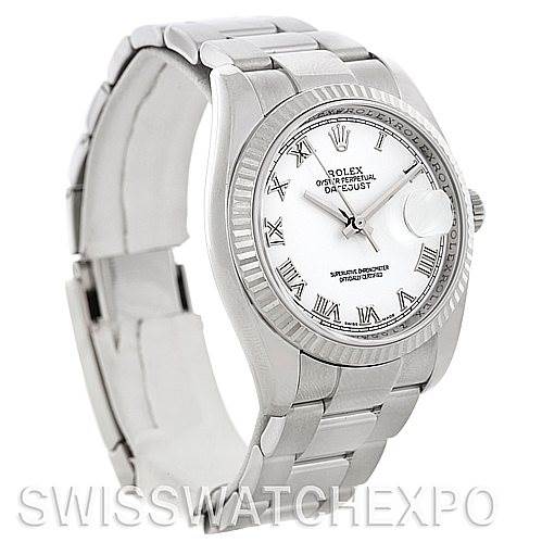 This image shows a Rolex Datejust 116234 Men's Stainless Steel White Dial 116234 Men's Stainless Steel White Dial watch at a three-quarter angle, displaying the dial, bezel, and part of the bracelet.