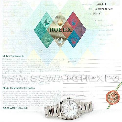The image shows a Rolex Datejust 116200 Men's Stainless Steel White Dial 116200 Men's Stainless Steel White Dial watch at a slight angle from the front, along with its certification and warranty documents.