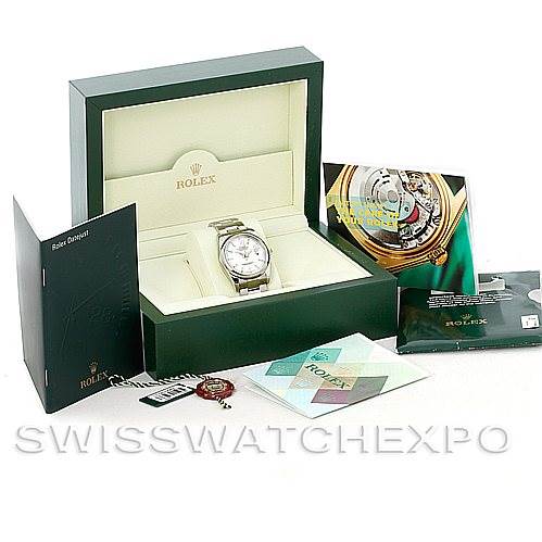 The image shows a Rolex Datejust 116200 Men's Stainless Steel White Dial 116200 Men's Stainless Steel White Dial watch in its box with various accessories and documents.