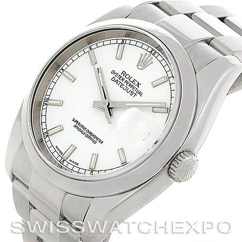 This image shows a Rolex Datejust 116200 Men's Stainless Steel White Dial 116200 Men's Stainless Steel White Dial watch at an angle displaying its dial, crown, bracelet, and case.