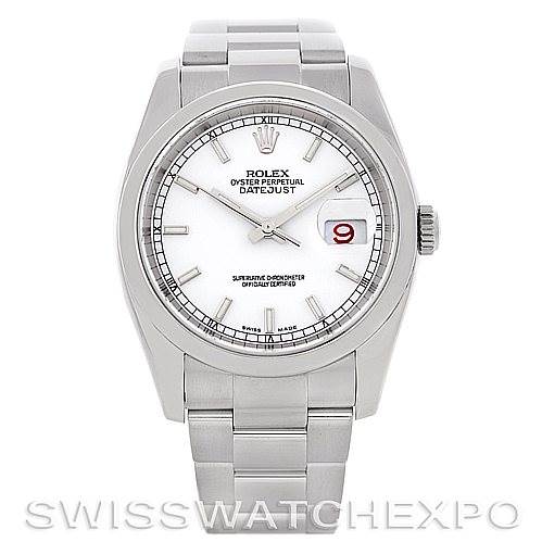 This image shows a front view of a Rolex Datejust 116200 Men's Stainless Steel White Dial 116200 Men's Stainless Steel White Dial watch, highlighting its dial, bezel, crown, and strap.