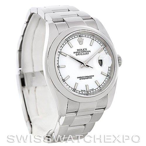 This image shows a Rolex Datejust 116200 Men's Stainless Steel White Dial 116200 Men's Stainless Steel White Dial watch at a three-quarter angle, highlighting the dial, bezel, and part of the bracelet.