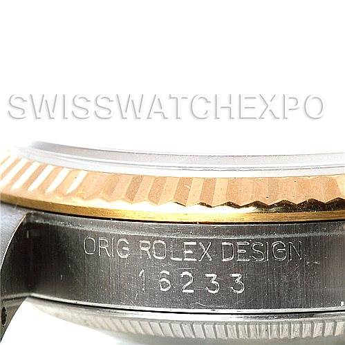 The image shows a close-up of the side view of the Rolex Datejust 16233 Men's Steel and Gold (two tone) Mother of Pearl Dial 16233 Men's Steel and Gold (two tone) Mother of Pearl Dial watch case, highlighting the model number "16233" and the fluted bezel.