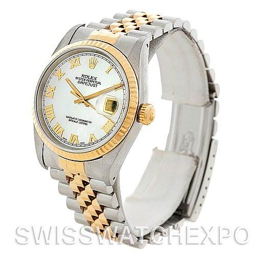 This image shows the Rolex Datejust 16233 Men's Steel and Gold (two tone) Mother of Pearl Dial 16233 Men's Steel and Gold (two tone) Mother of Pearl Dial watch at an angled view highlighting the dial, bezel, crown, and part of the bracelet.
