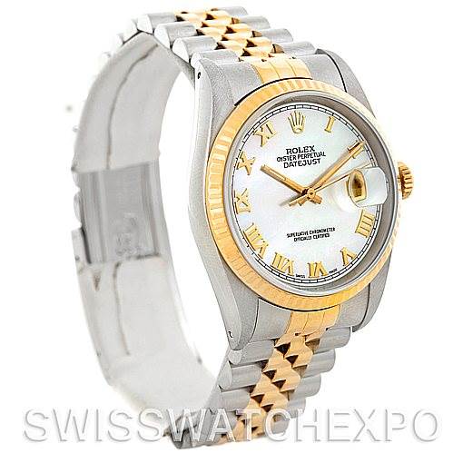 The image shows a Rolex Datejust 16233 Men's Steel and Gold (two tone) Mother of Pearl Dial 16233 Men's Steel and Gold (two tone) Mother of Pearl Dial watch at a slight angle, featuring its two-tone bracelet, fluted bezel, and Roman numeral dial.