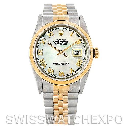 This Rolex Datejust 16233 Men's Steel and Gold (two tone) Mother of Pearl Dial 16233 Men's Steel and Gold (two tone) Mother of Pearl Dial watch is shown from a top-down angle, displaying its dial, bezel, crown, and bracelet.