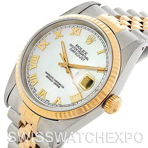 The image shows a Rolex Datejust 16233 Men's Steel and Gold (two tone) Mother of Pearl Dial 16233 Men's Steel and Gold (two tone) Mother of Pearl Dial watch at an angle displaying its face, bezel, crown, and part of the two-tone bracelet.