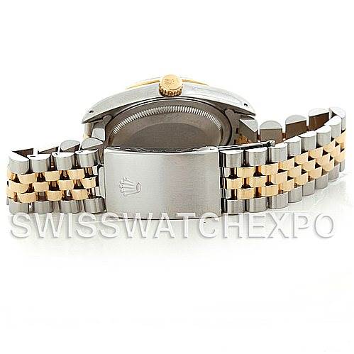The image shows a rear view of a Rolex Datejust 16233 Men's Steel and Gold (two tone) Mother of Pearl Dial 16233 Men's Steel and Gold (two tone) Mother of Pearl Dial watch, highlighting the clasp and bracelet.