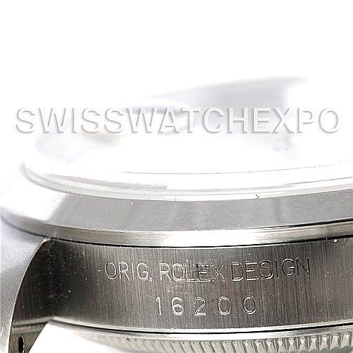 The image shows a close-up side view of a Rolex Datejust 16200 Men's Stainless Steel White Dial 16200 Men's Stainless Steel White Dial model 16200, highlighting the bezel and case details.