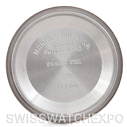 This image shows the interior of a stainless steel case-back for a Rolex Datejust 16200 Men's Stainless Steel White Dial 16200 Men's Stainless Steel White Dial model.