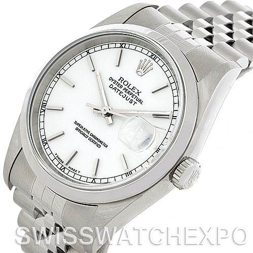 The image shows a Rolex Datejust 16200 Men's Stainless Steel White Dial 16200 Men's Stainless Steel White Dial watch angled to display its face, bezel, crown, and part of the bracelet.