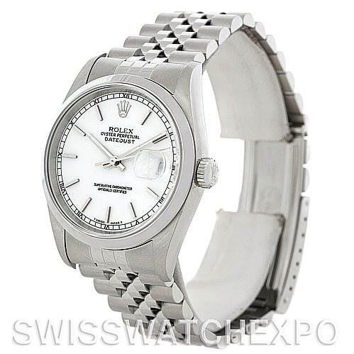 The image shows a Rolex Datejust 16200 Men's Stainless Steel White Dial 16200 Men's Stainless Steel White Dial watch, featuring its face, bezel, crown, and Jubilee bracelet, viewed from an angled side perspective.