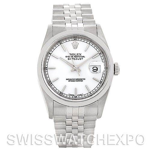 This image shows a front view of a Rolex Datejust 16200 Men's Stainless Steel White Dial 16200 Men's Stainless Steel White Dial watch, highlighting its white dial, date window, and Jubilee bracelet.