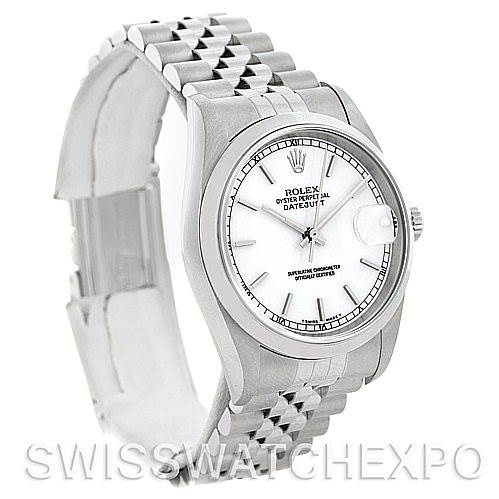 The image shows a side and front view of a Rolex Datejust 16200 Men's Stainless Steel White Dial 16200 Men's Stainless Steel White Dial watch, highlighting the watch face, bezel, and bracelet.
