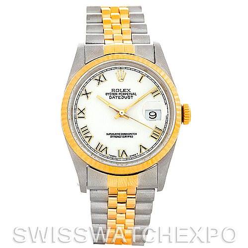 This image shows a front view of a Rolex Datejust 16233 Men's Steel and Gold (two tone) White Dial 16233 Men's Steel and Gold (two tone) White Dial watch, displaying its face, bezel, crown, and two-tone bracelet.