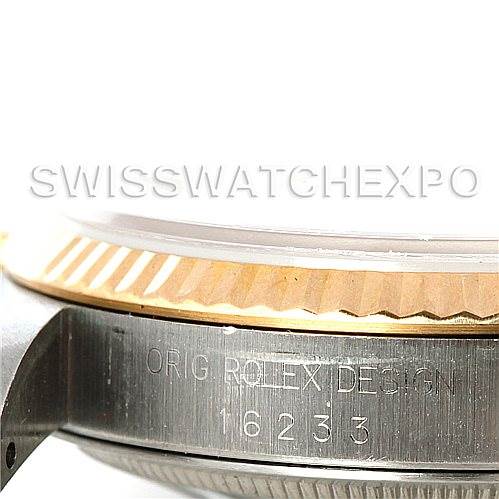 The image shows a close-up of the case side and bezel of a Rolex Datejust 16233 Men's Steel and Gold (two tone) White Dial 16233 Men's Steel and Gold (two tone) White Dial 16233, displaying the model number and "ORIG ROLEX DESIGN" engraving.